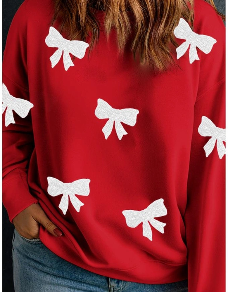 Racing Red Bow Pattern Drop Shoulder Plus Size Sweatshirt