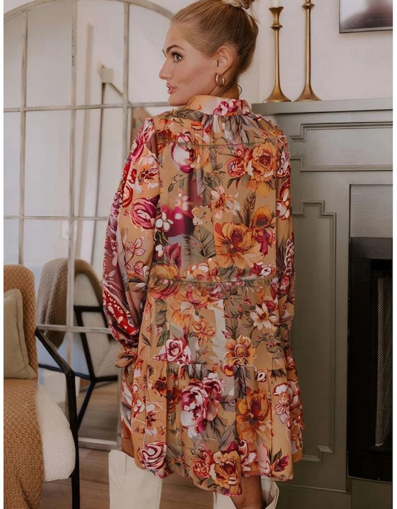 Brown Vintage Floral Print Shirt Style Half Button Long Sleeve Ruffle Mini Dress