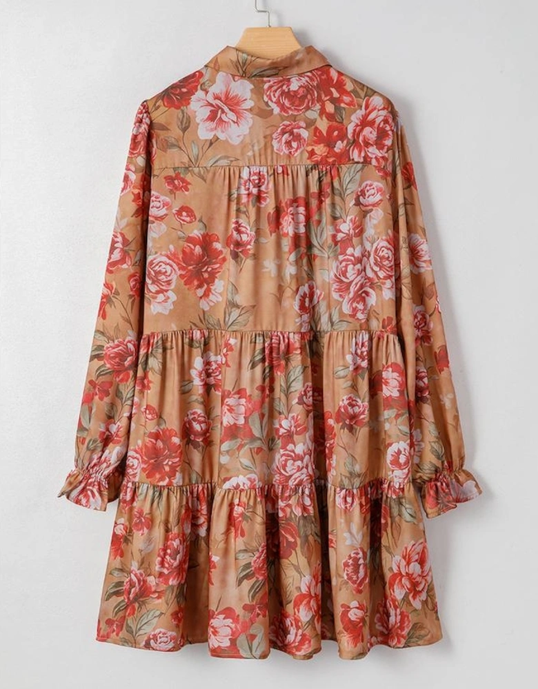 Brown Vintage Floral Print Shirt Style Half Button Long Sleeve Ruffle Mini Dress