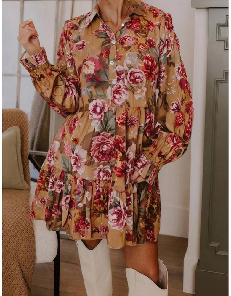 Brown Vintage Floral Print Shirt Style Half Button Long Sleeve Ruffle Mini Dress