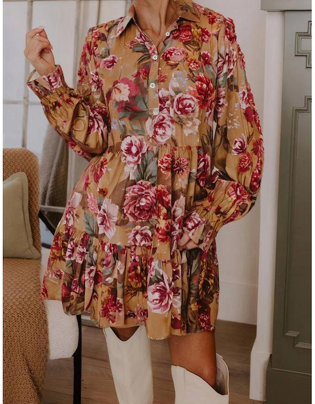 Brown Vintage Floral Print Shirt Style Half Button Long Sleeve Ruffle Mini Dress