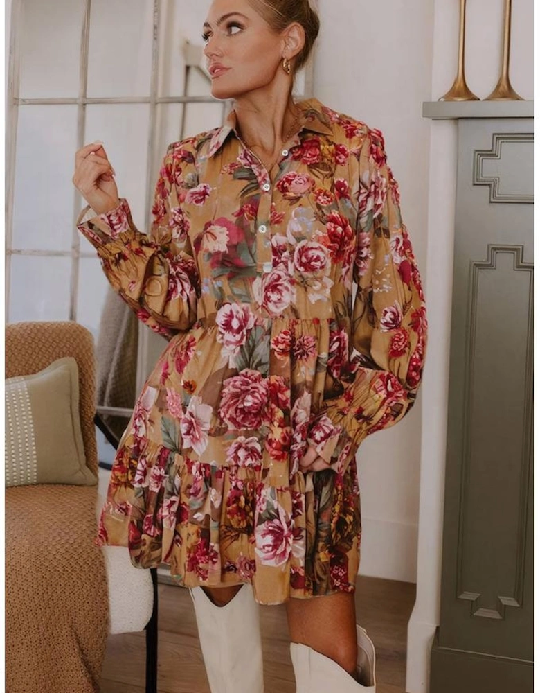 Brown Vintage Floral Print Shirt Style Half Button Long Sleeve Ruffle Mini Dress
