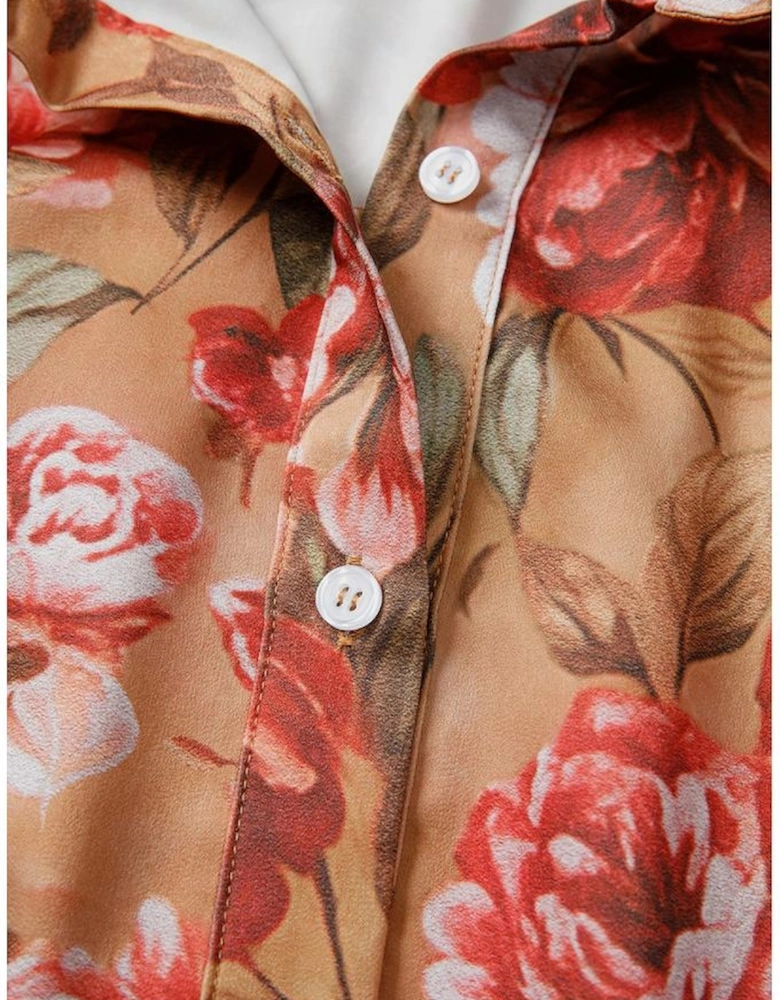 Brown Vintage Floral Print Shirt Style Half Button Long Sleeve Ruffle Mini Dress