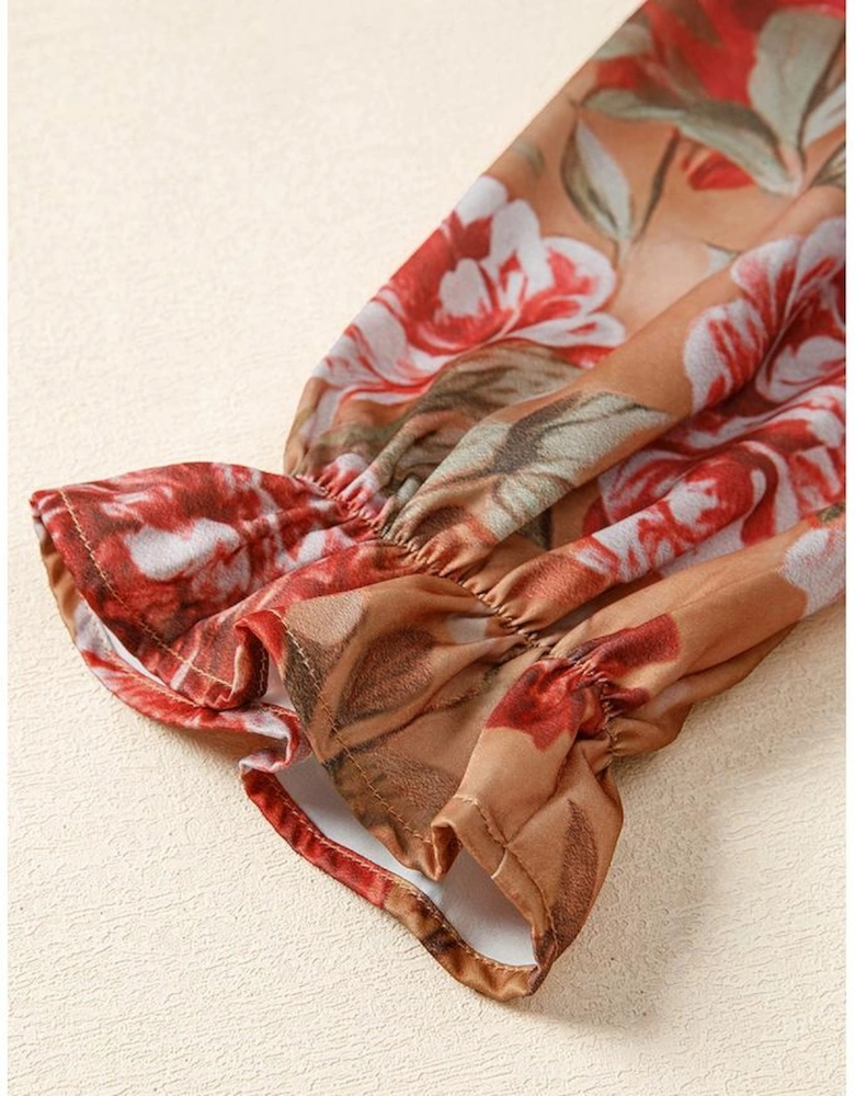 Brown Vintage Floral Print Shirt Style Half Button Long Sleeve Ruffle Mini Dress