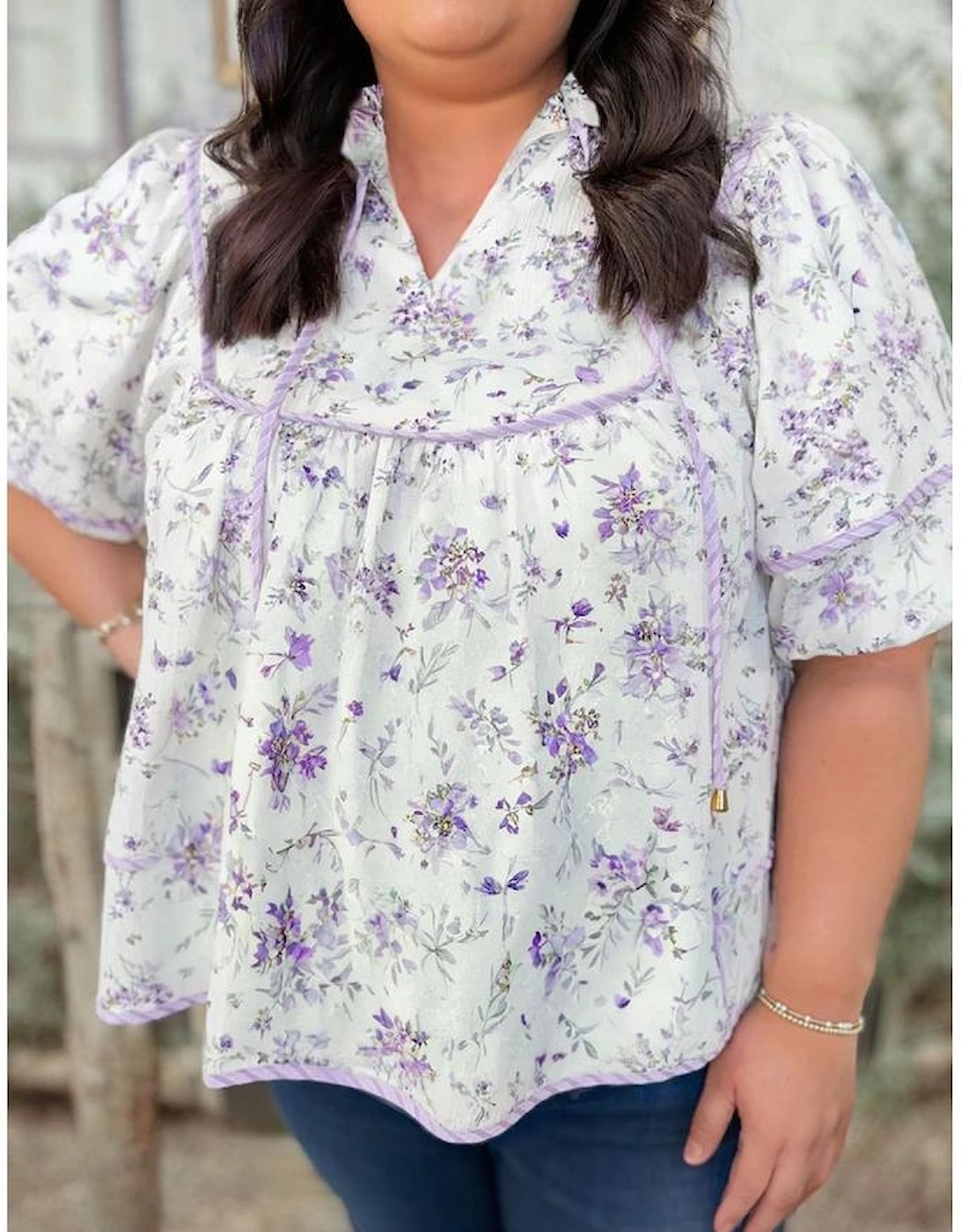 Purple Floral Trimmed Detail Split Neck Plus Size Top, 3 of 2