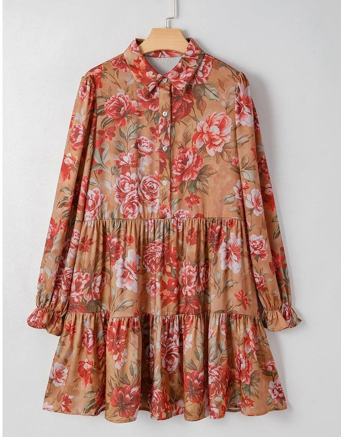 Brown Vintage Floral Print Shirt Style Half Button Long Sleeve Ruffle Mini Dress