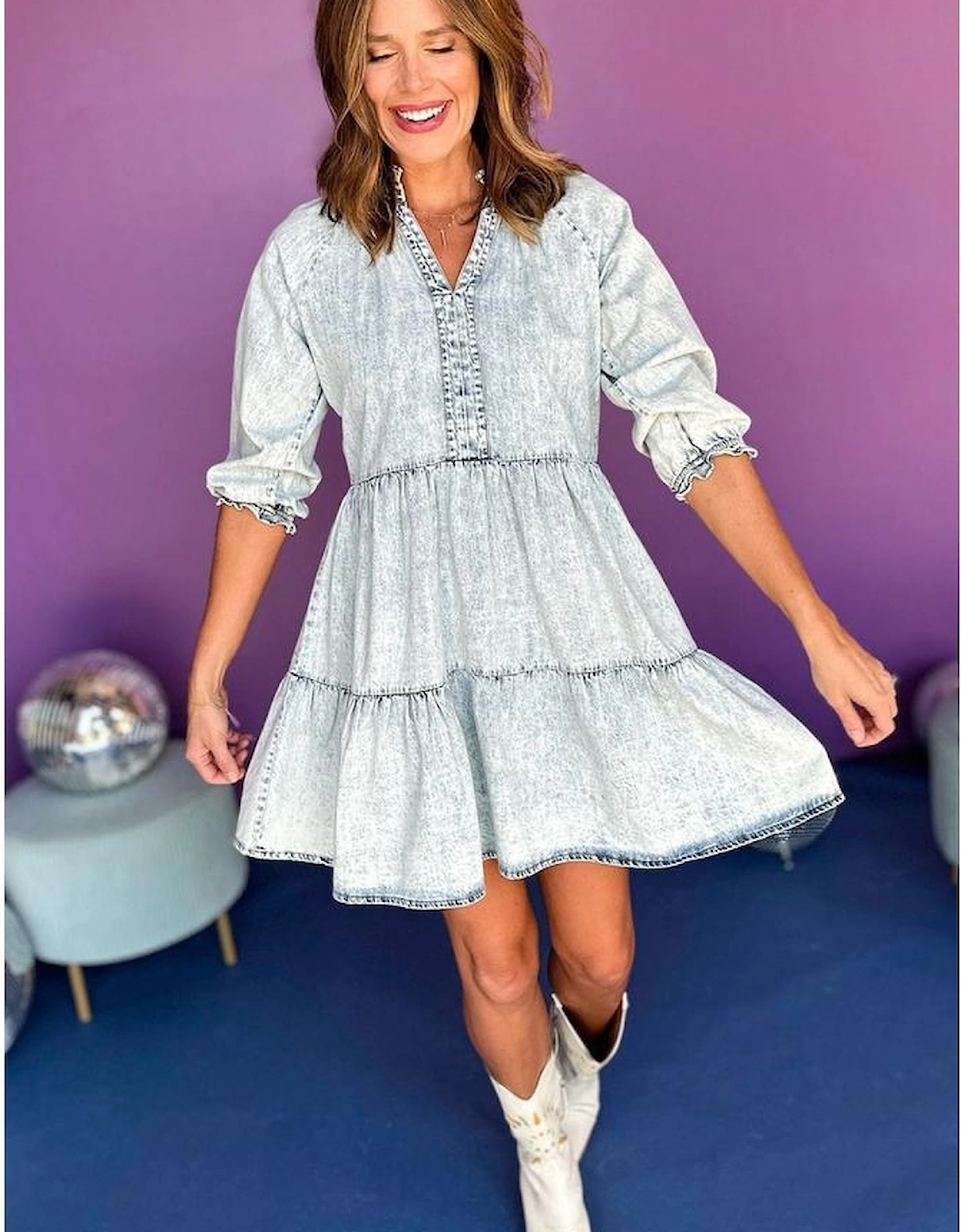 Dusk Blue Acid Wash Retro Half Sleeve Flared Denim Dress, 7 of 6