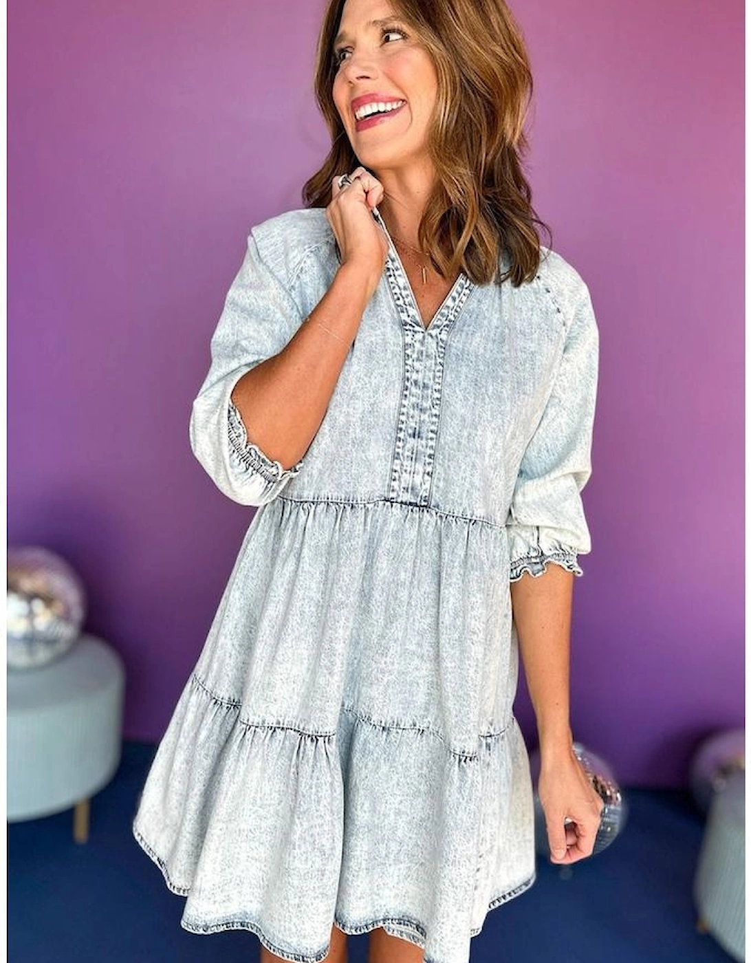 Dusk Blue Acid Wash Retro Half Sleeve Flared Denim Dress