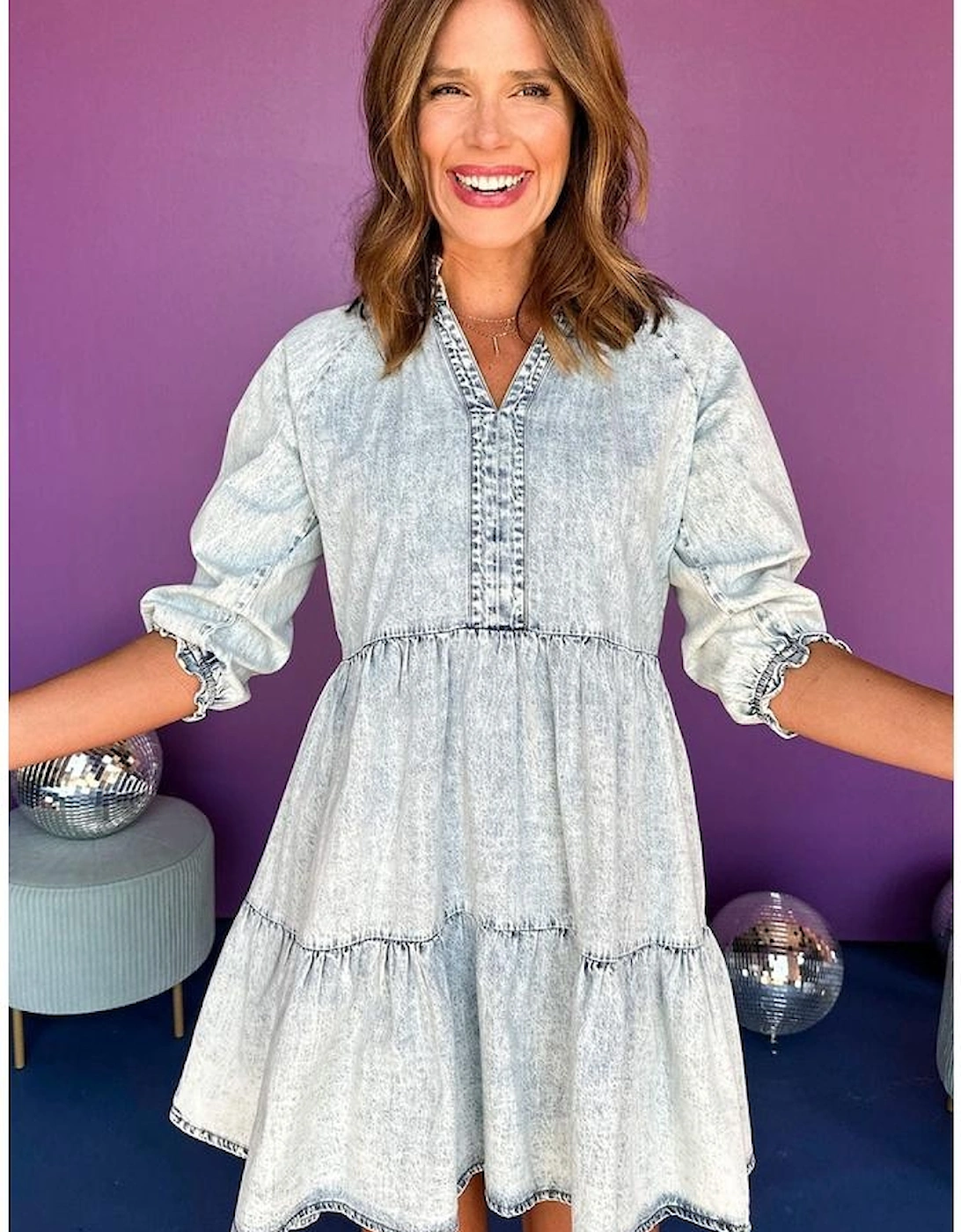 Dusk Blue Acid Wash Retro Half Sleeve Flared Denim Dress