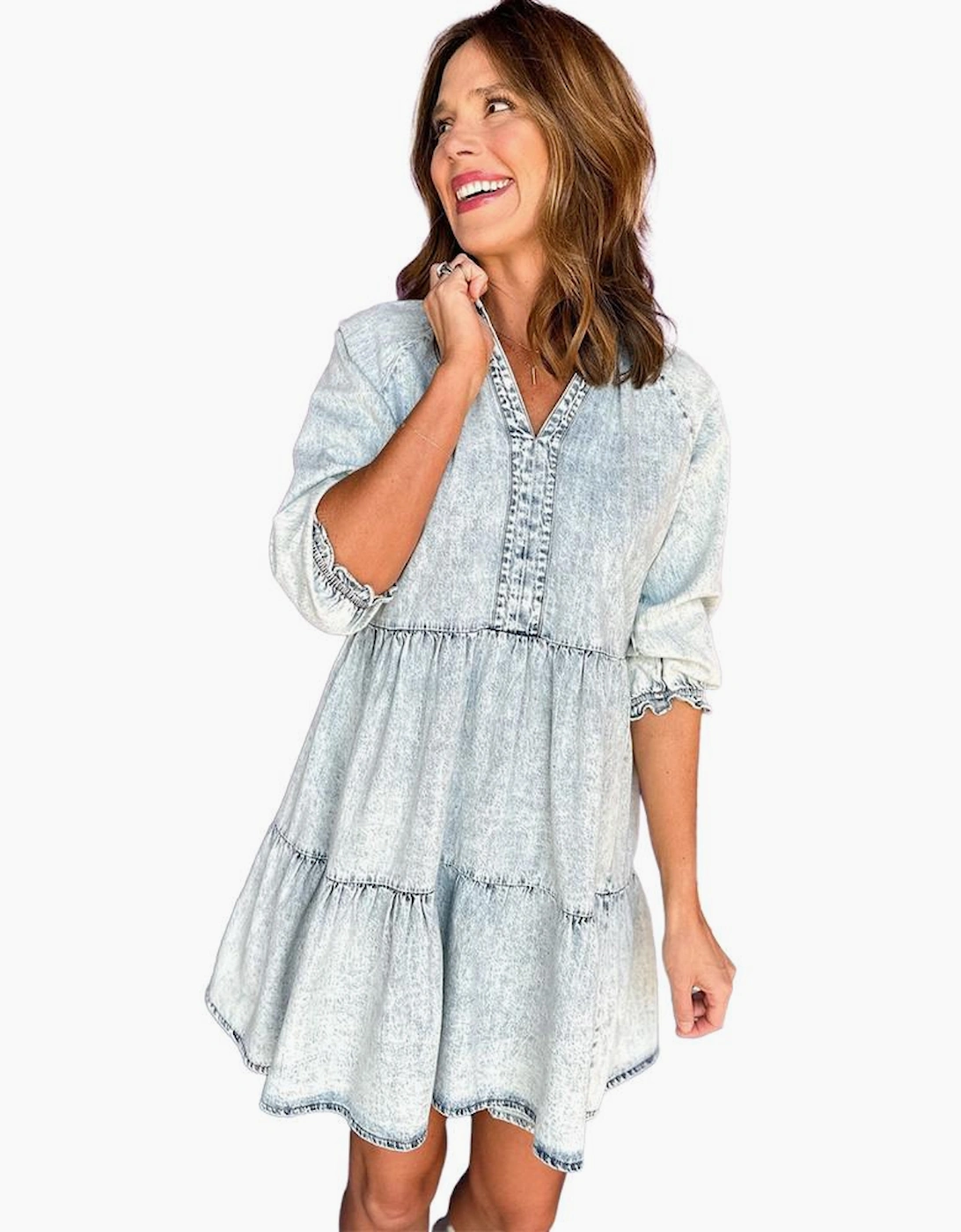 Dusk Blue Acid Wash Retro Half Sleeve Flared Denim Dress