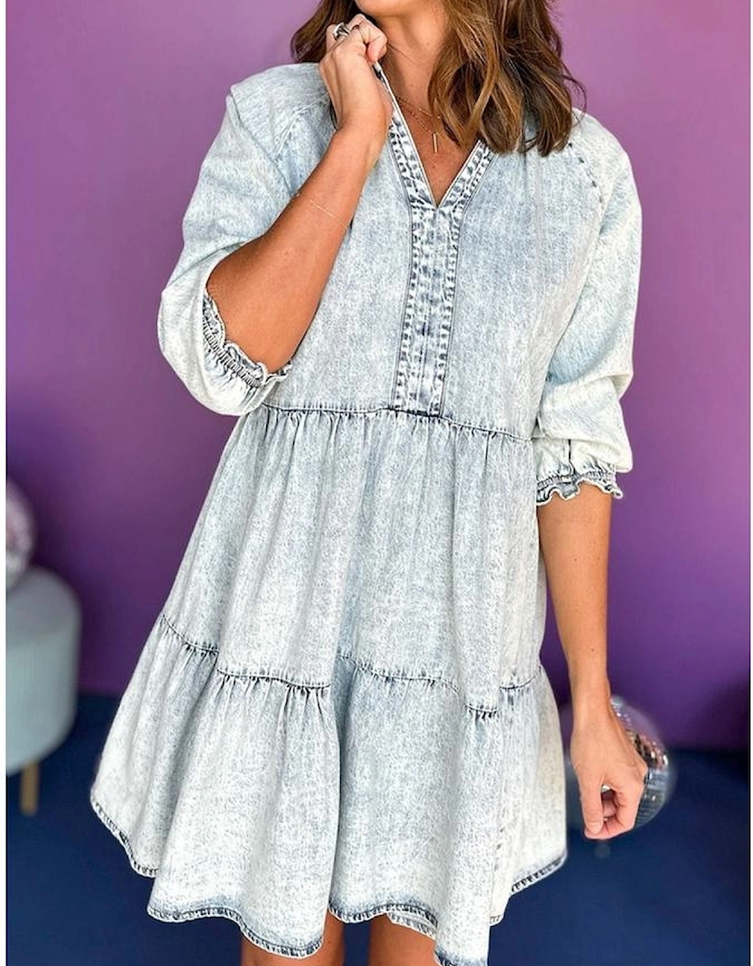 Dusk Blue Acid Wash Retro Half Sleeve Flared Denim Dress