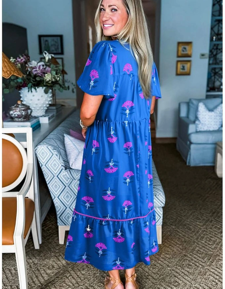Blue Floral Print Notched Neck Butterfly Sleeve Shift Long Dress