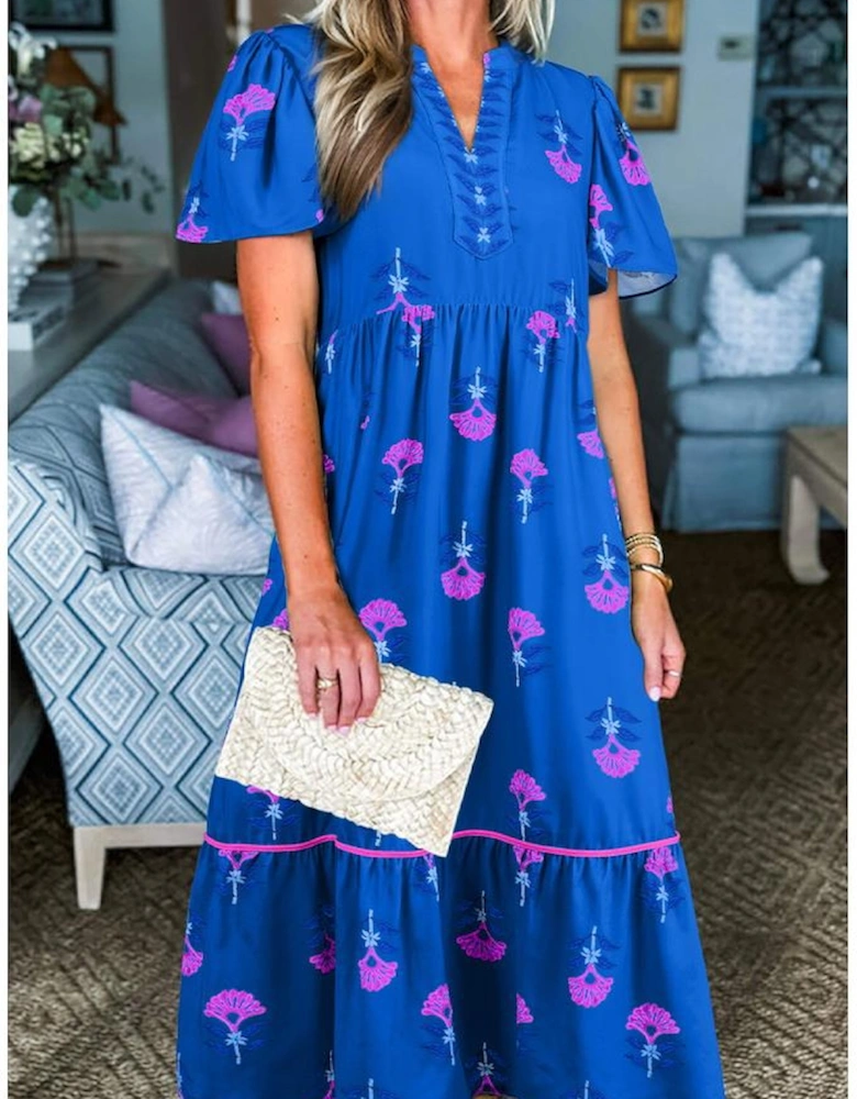 Blue Floral Print Notched Neck Butterfly Sleeve Shift Long Dress