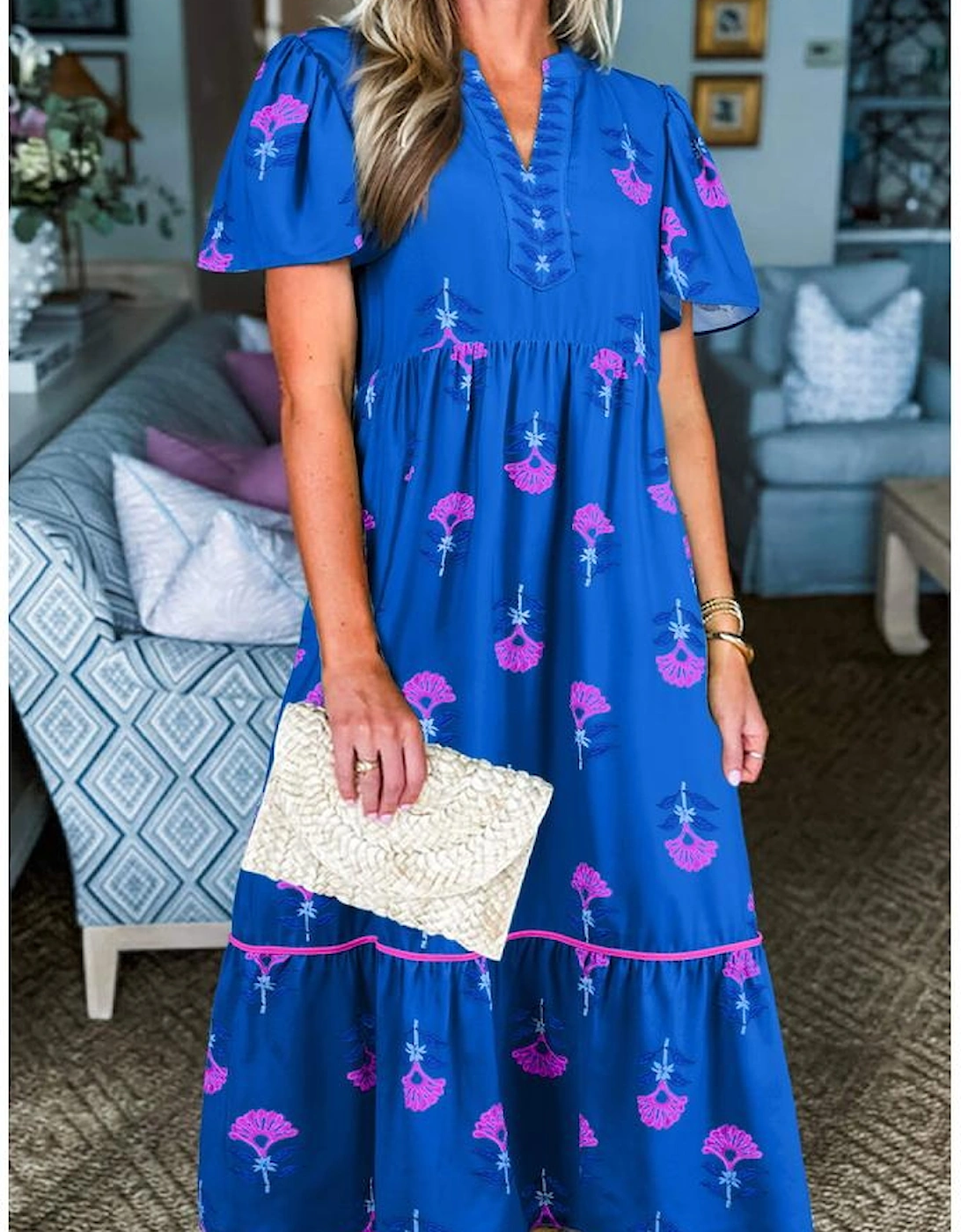 Blue Floral Print Notched Neck Butterfly Sleeve Shift Long Dress