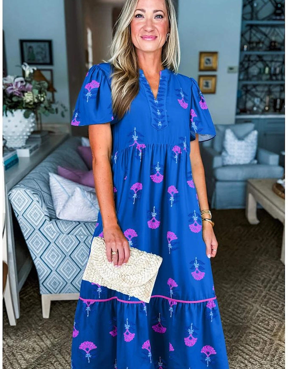 Blue Floral Print Notched Neck Butterfly Sleeve Shift Long Dress