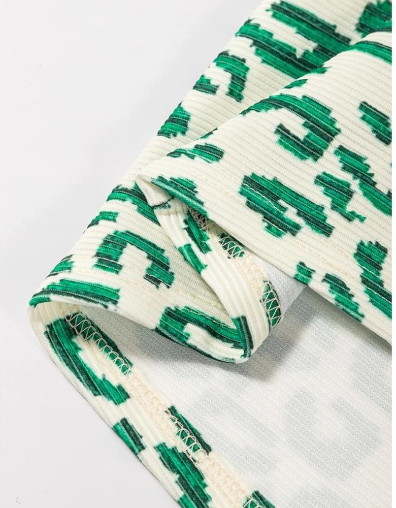 Blackish Green Leopard Print Mock Neck Puff Sleeve Top