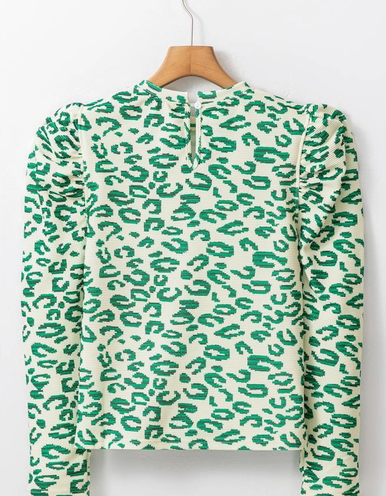 Blackish Green Leopard Print Mock Neck Puff Sleeve Top