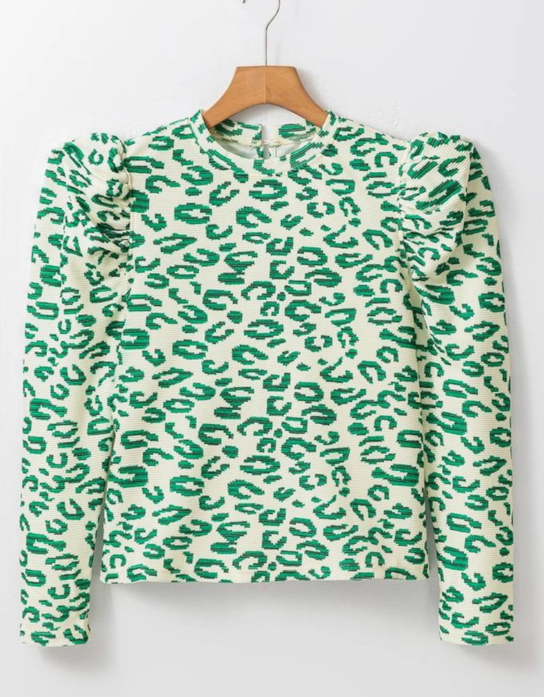 Blackish Green Leopard Print Mock Neck Puff Sleeve Top