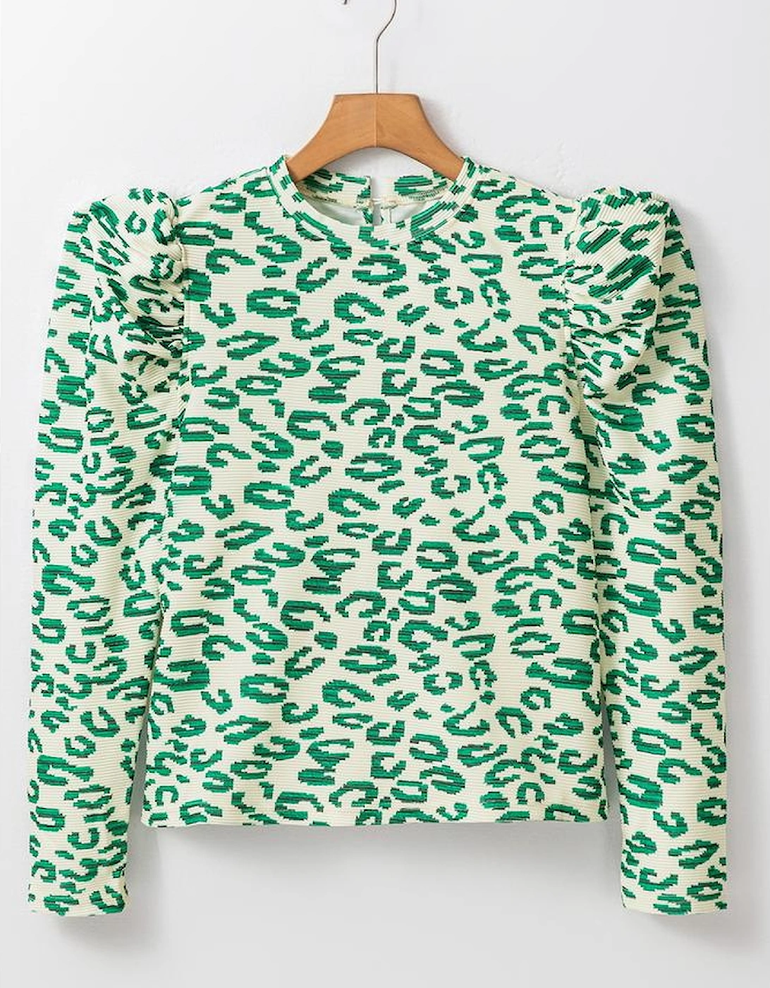 Blackish Green Leopard Print Mock Neck Puff Sleeve Top