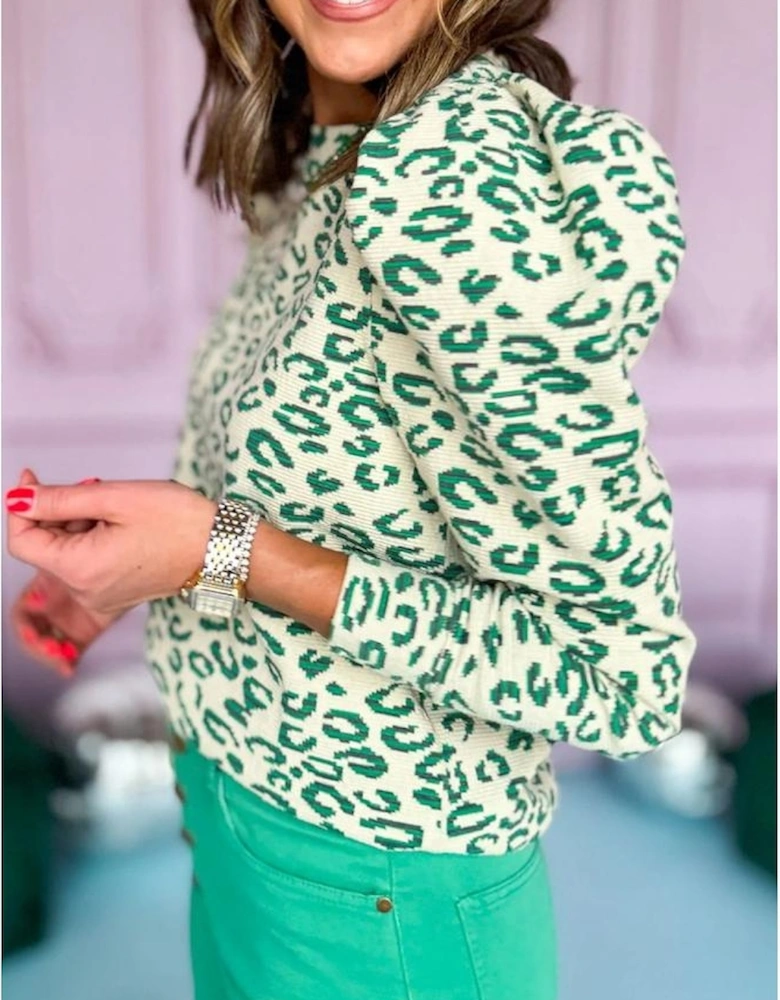 Blackish Green Leopard Print Mock Neck Puff Sleeve Top