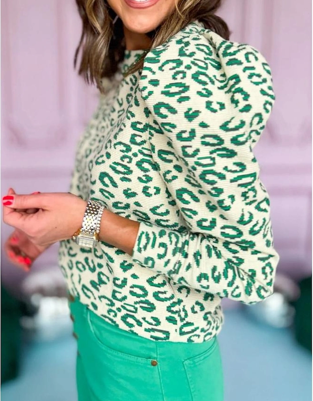 Blackish Green Leopard Print Mock Neck Puff Sleeve Top