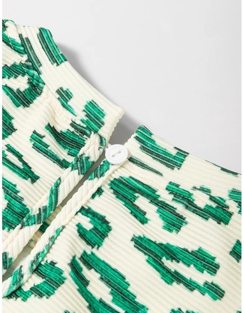 Blackish Green Leopard Print Mock Neck Puff Sleeve Top