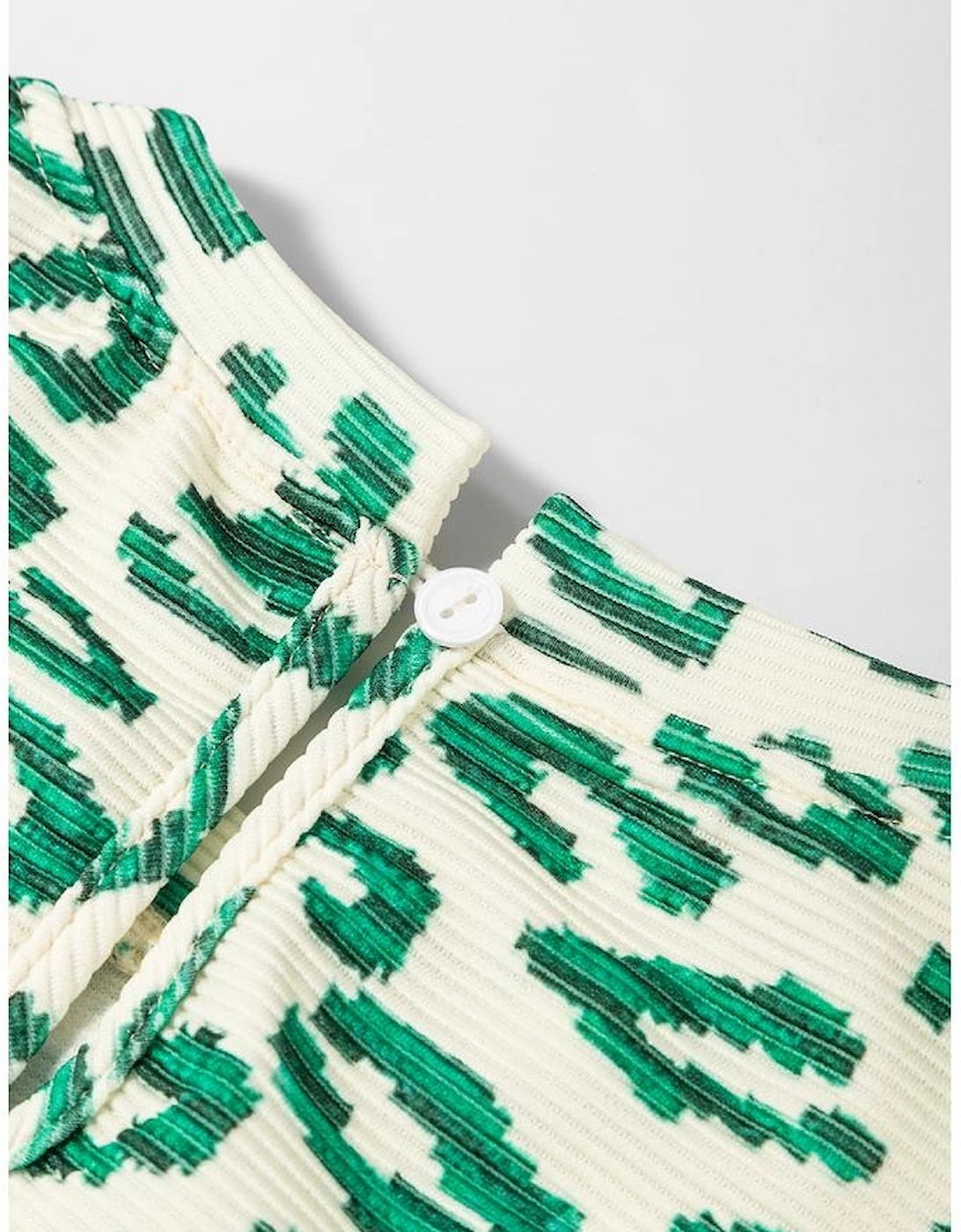 Blackish Green Leopard Print Mock Neck Puff Sleeve Top