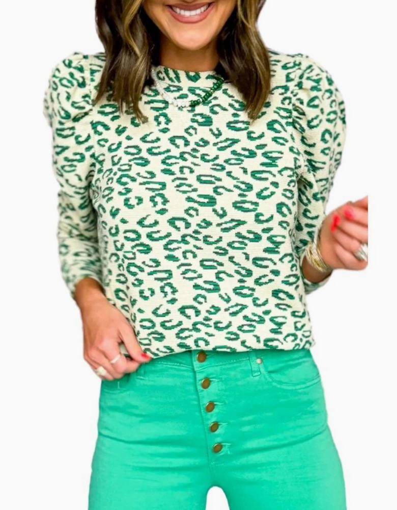 Blackish Green Leopard Print Mock Neck Puff Sleeve Top