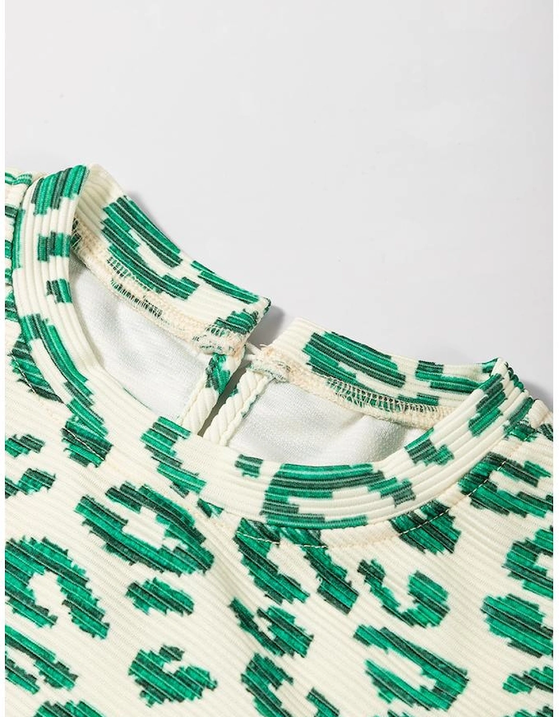 Blackish Green Leopard Print Mock Neck Puff Sleeve Top