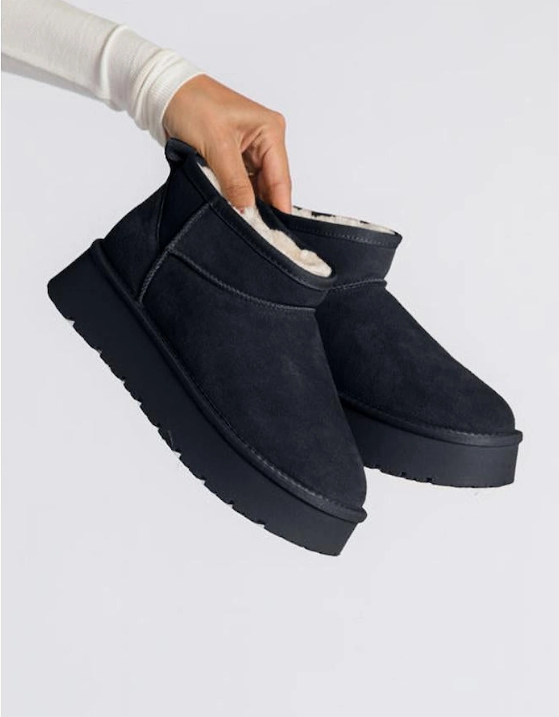 Black Faux Fur Lined Suede Ankle Snow Boots