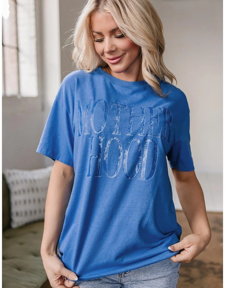 Sky Blue Vintage MOTHERHOOD Letter Graphic T Shirt