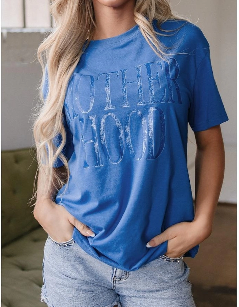 Sky Blue Vintage MOTHERHOOD Letter Graphic T Shirt