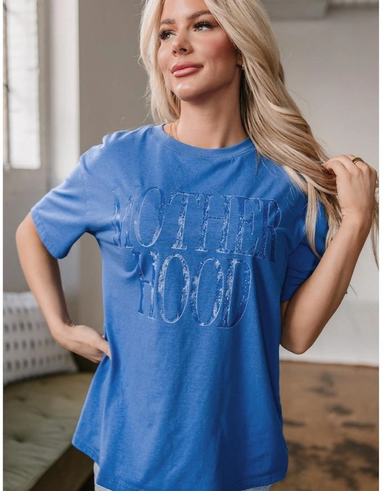 Sky Blue Vintage MOTHERHOOD Letter Graphic T Shirt
