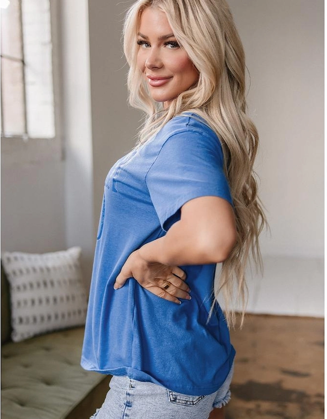 Sky Blue Vintage MOTHERHOOD Letter Graphic T Shirt