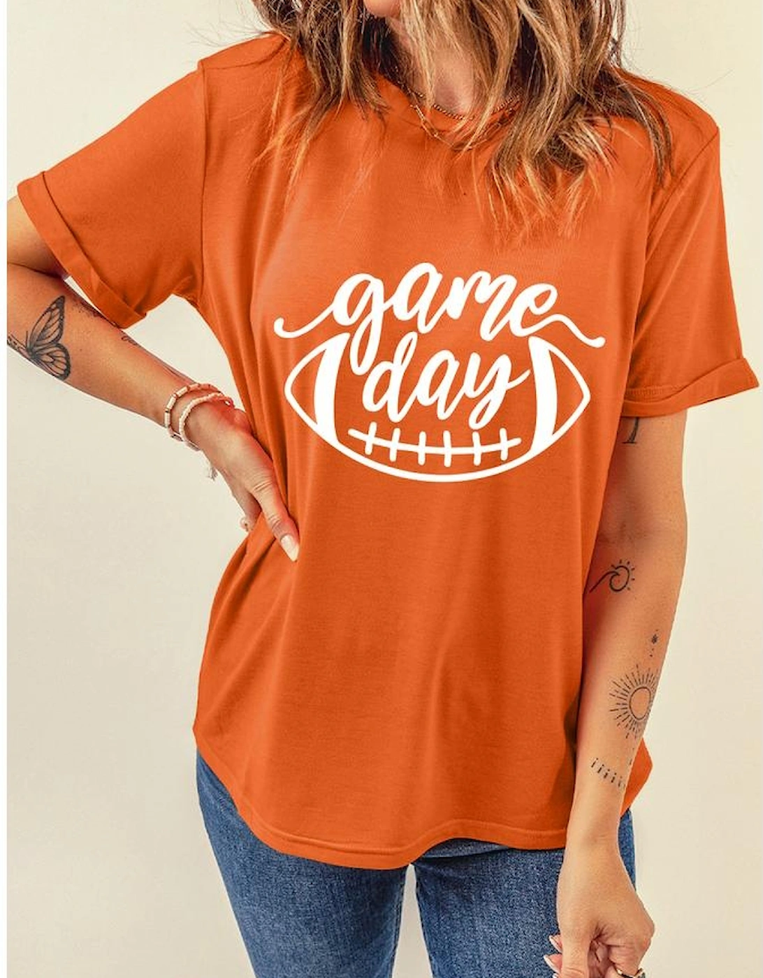 Orange game day Football Print Womens T Shirt