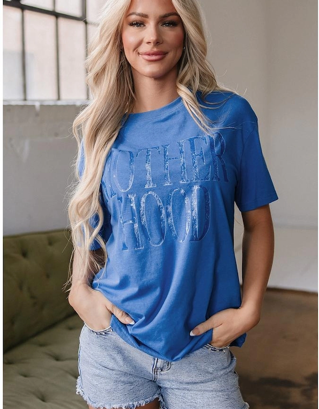 Sky Blue Vintage MOTHERHOOD Letter Graphic T Shirt