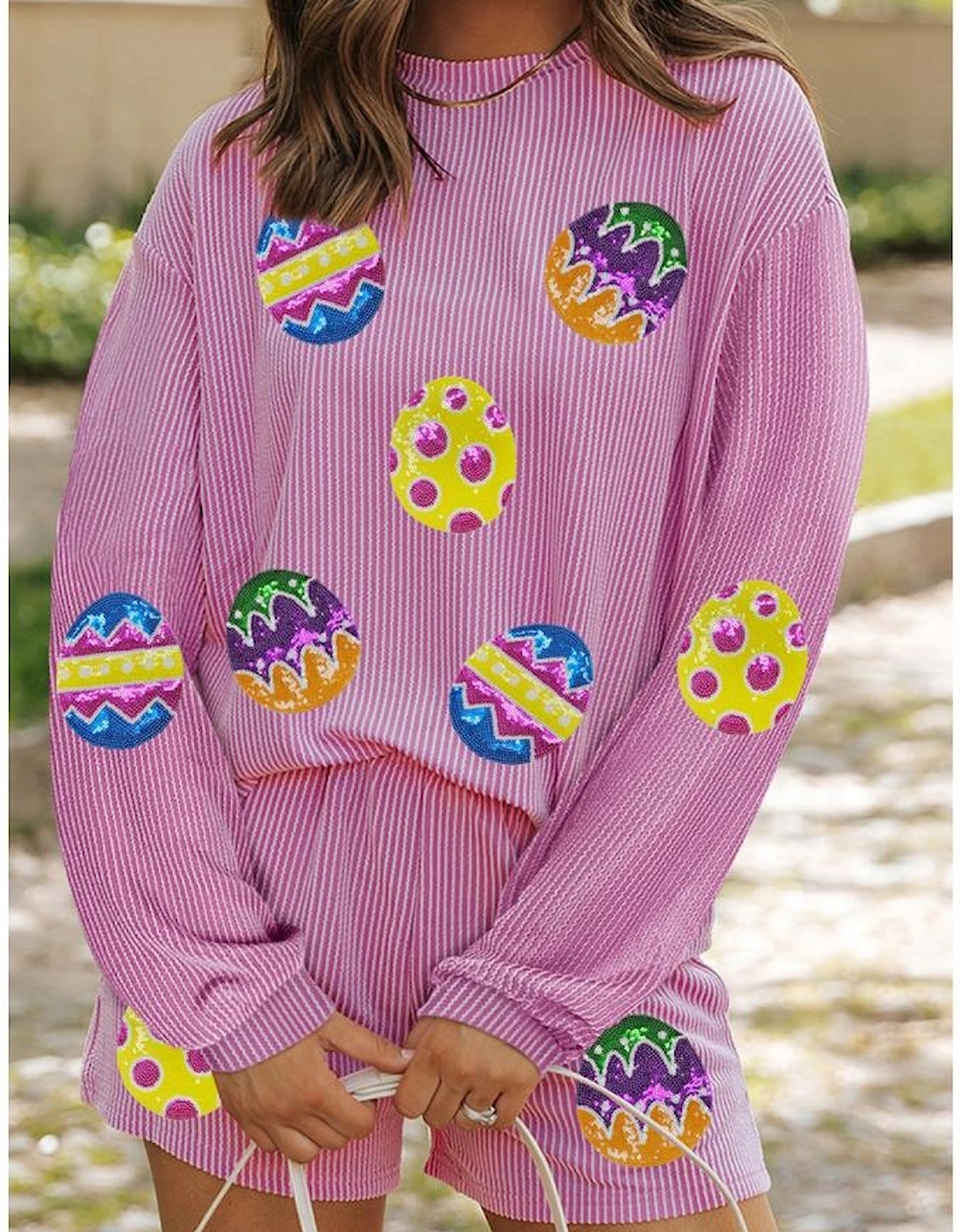 Phalaenopsis Easter Egg Patched Graphic Corded Long Sleeve Top Shorts Set