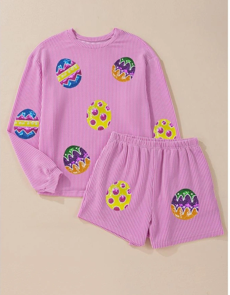 Phalaenopsis Easter Egg Patched Graphic Corded Long Sleeve Top Shorts Set
