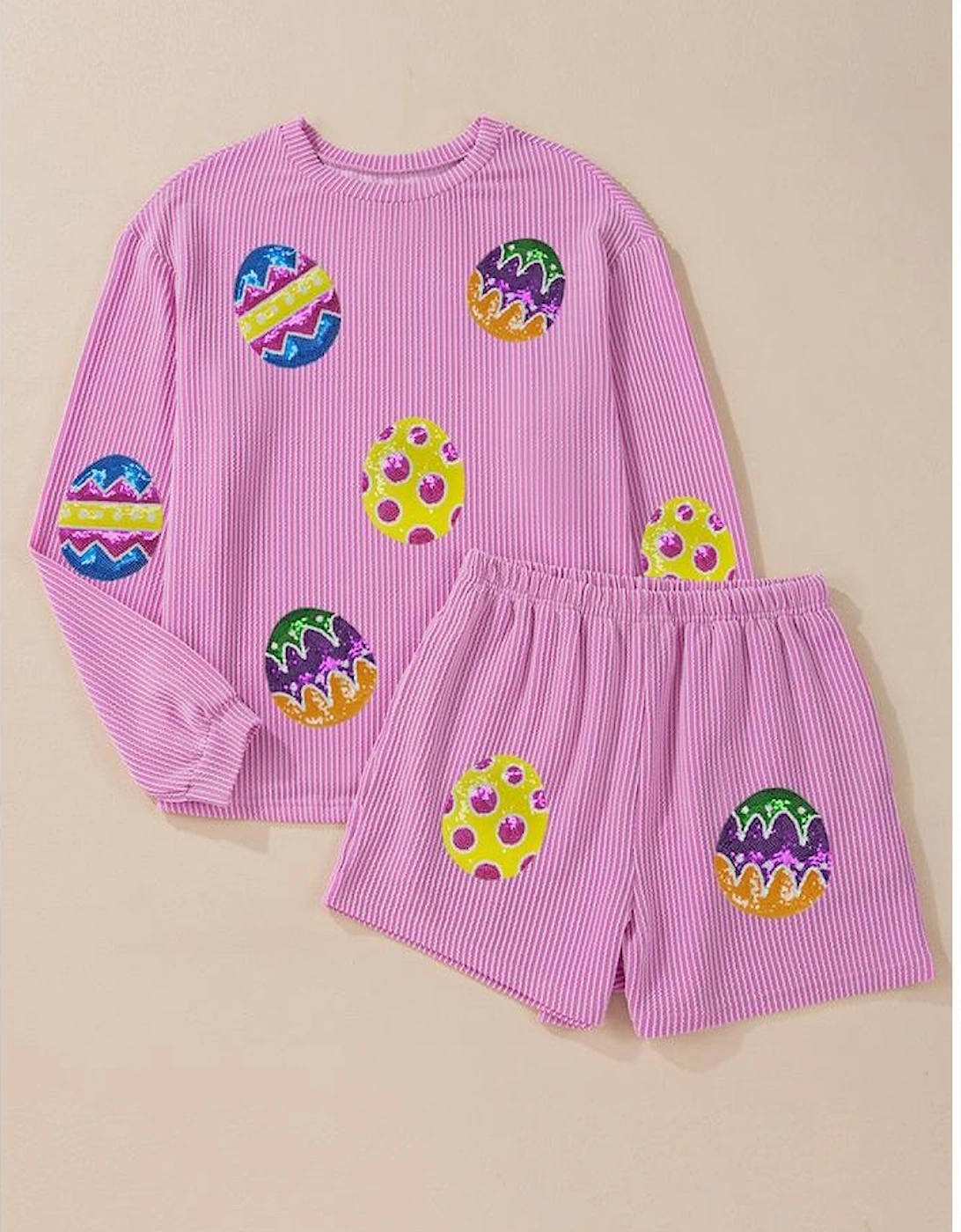 Phalaenopsis Easter Egg Patched Graphic Corded Long Sleeve Top Shorts Set