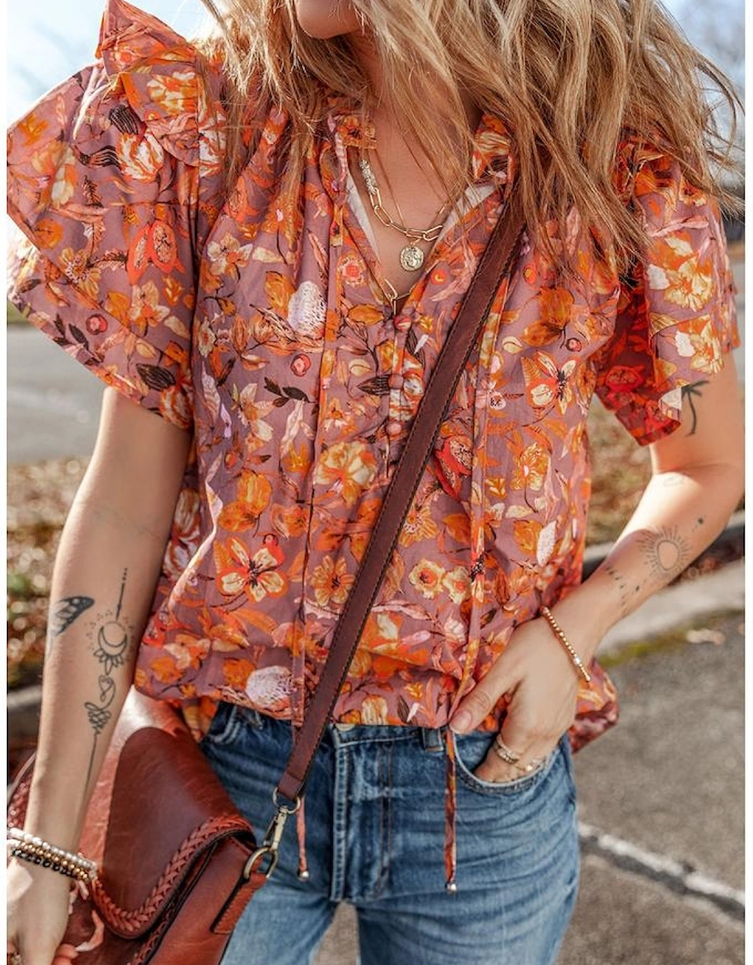 Orange Floral Print Ruffled Flutter Sleeve Frilled V Neck Blouse