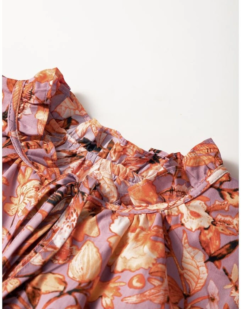 Orange Floral Print Ruffled Flutter Sleeve Frilled V Neck Blouse