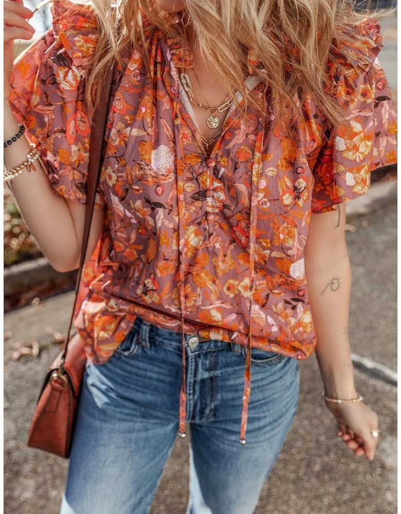 Orange Floral Print Ruffled Flutter Sleeve Frilled V Neck Blouse