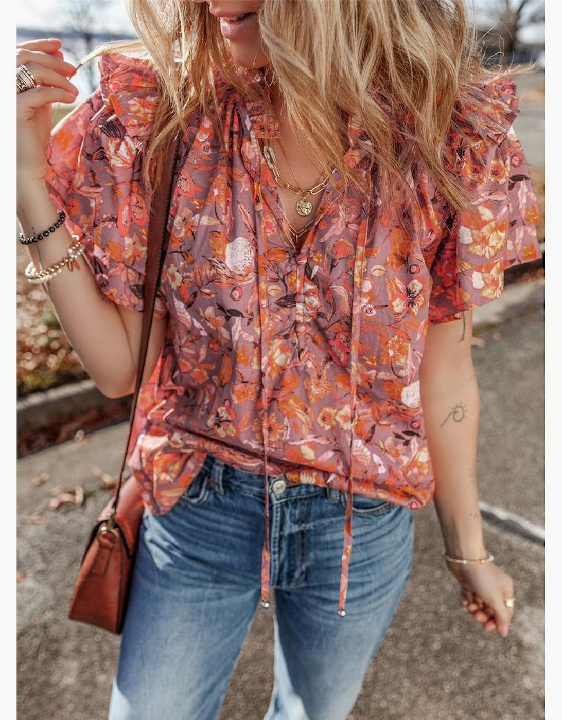 Orange Floral Print Ruffled Flutter Sleeve Frilled V Neck Blouse