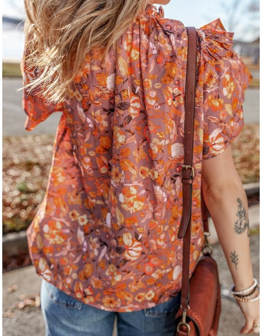 Orange Floral Print Ruffled Flutter Sleeve Frilled V Neck Blouse, 10 of 9