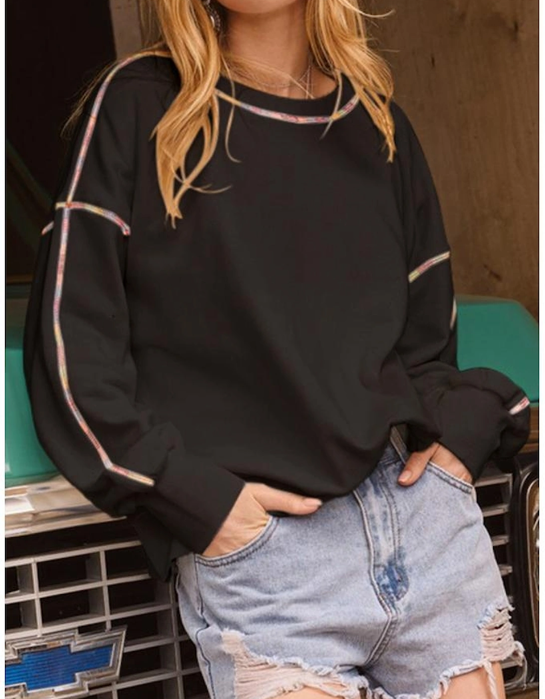 Black Contrast Rainbow Trim Drop Shoulder Pullover Sweatshirt