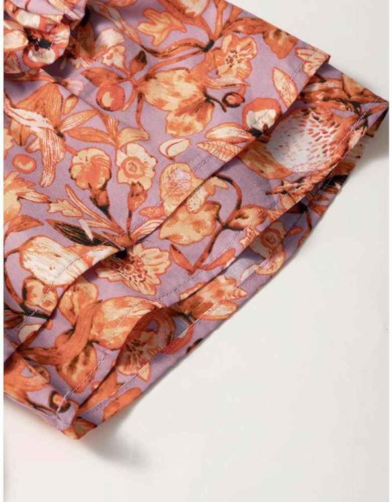 Orange Floral Print Ruffled Flutter Sleeve Frilled V Neck Blouse