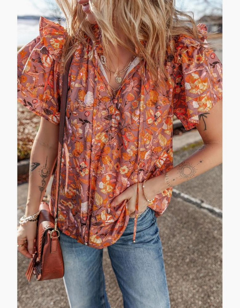 Orange Floral Print Ruffled Flutter Sleeve Frilled V Neck Blouse