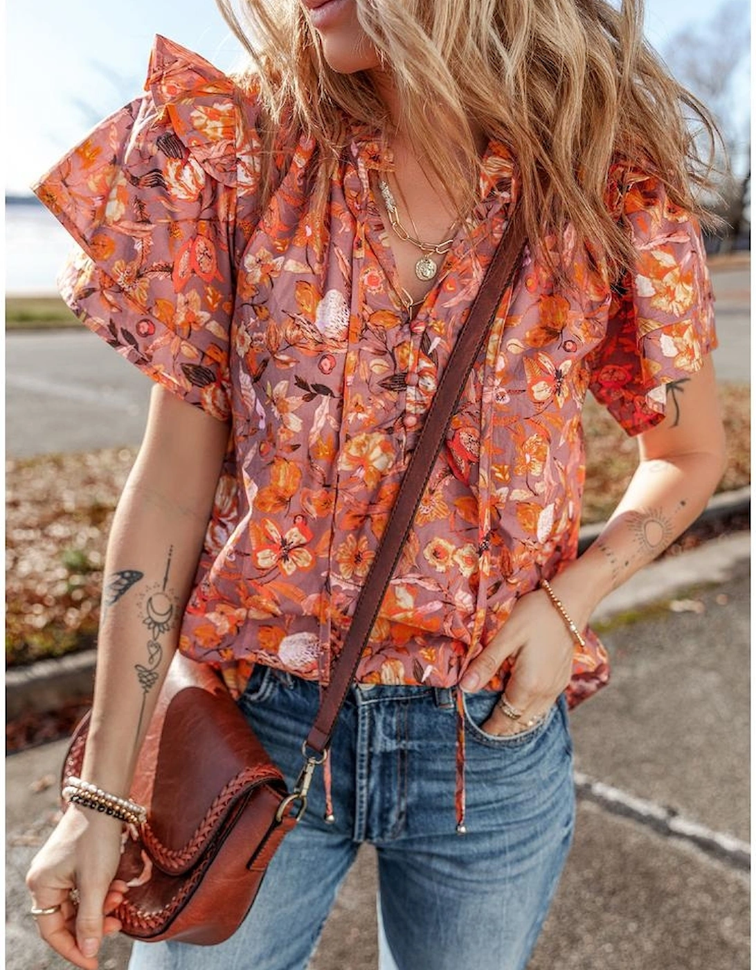 Orange Floral Print Ruffled Flutter Sleeve Frilled V Neck Blouse