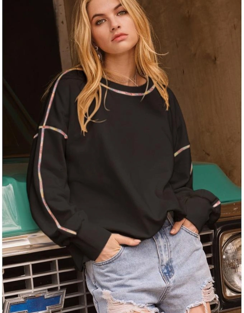 Black Contrast Rainbow Trim Drop Shoulder Pullover Sweatshirt