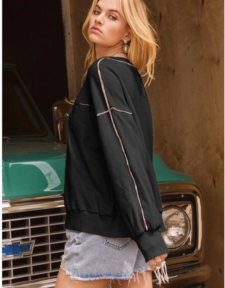 Black Contrast Rainbow Trim Drop Shoulder Pullover Sweatshirt